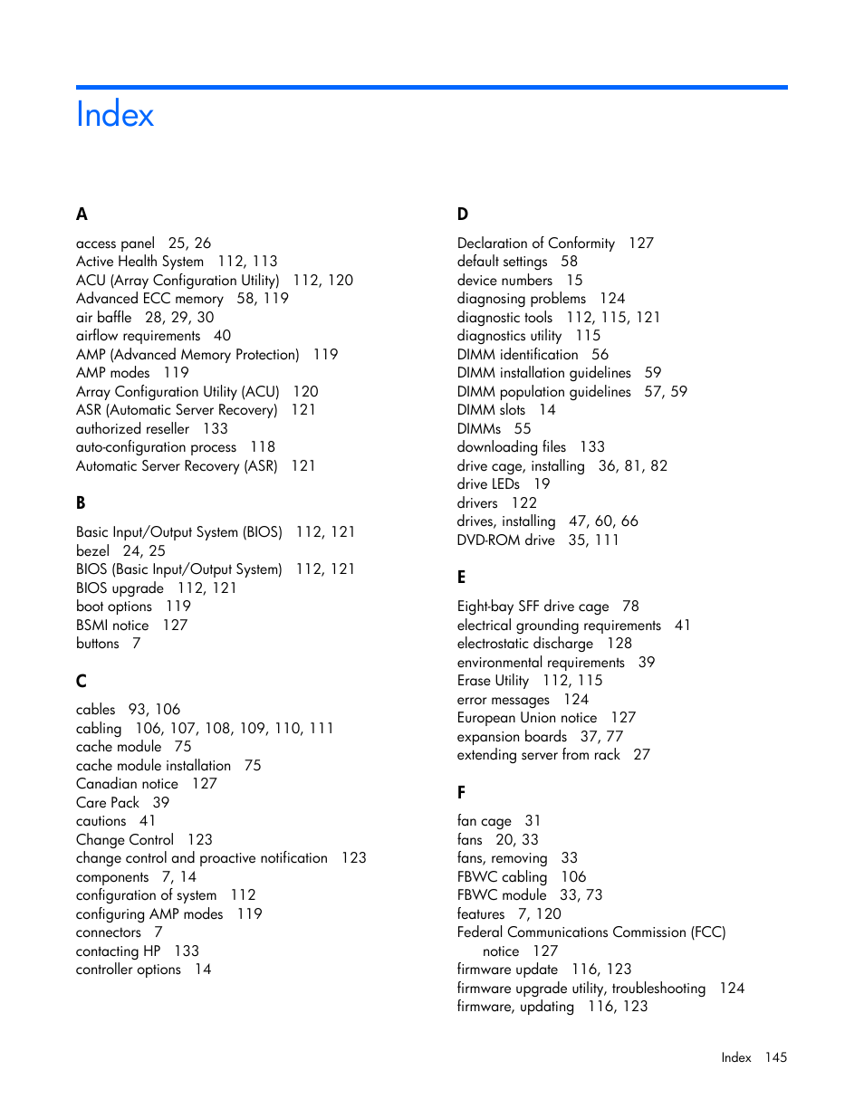 Index | HP ProLiant ML350e Gen8 Server User Manual | Page 145 / 147