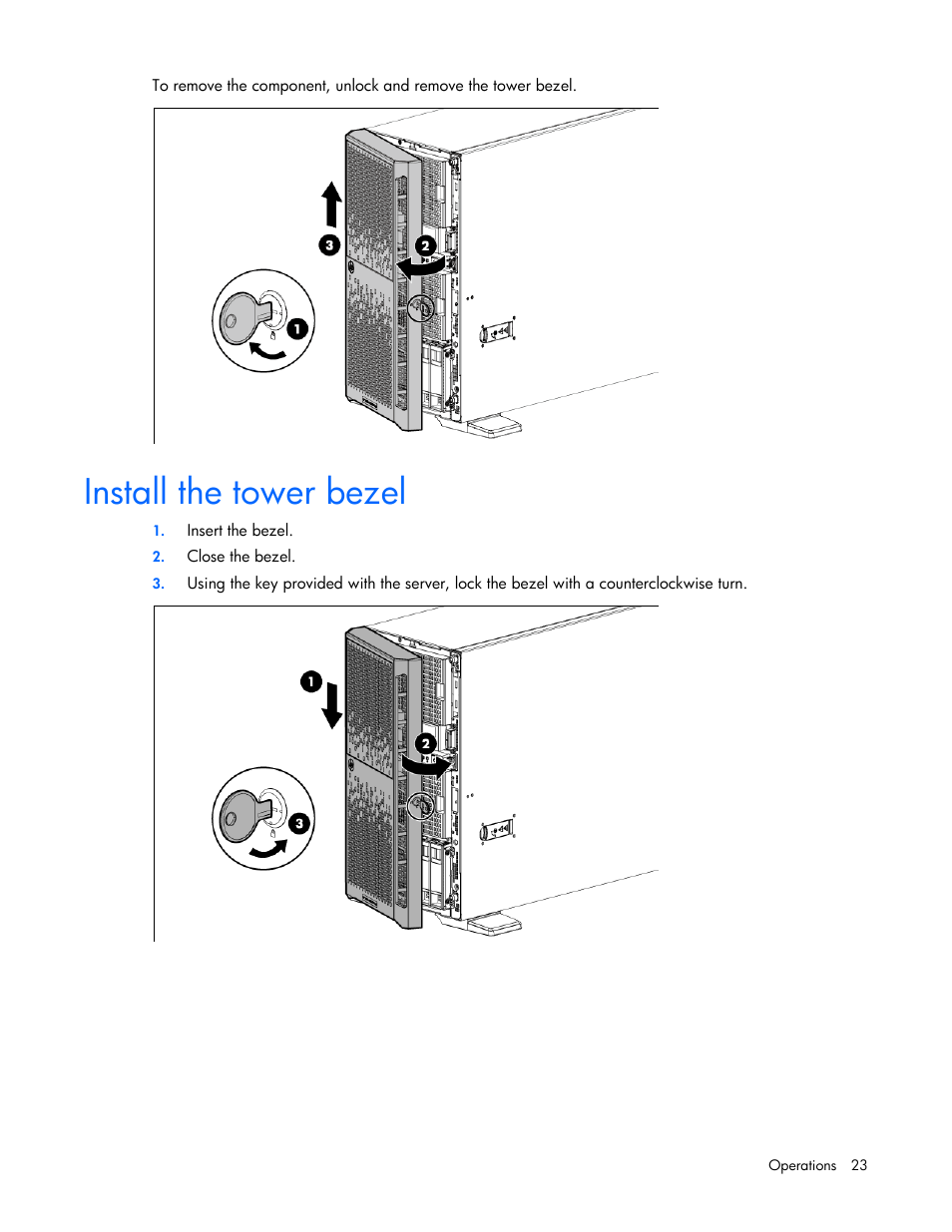 Install the tower bezel | HP ProLiant ML350e Gen8 Server User Manual | Page 23 / 147