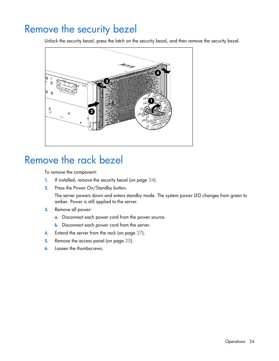 Remove the security bezel, Remove the rack bezel | HP ProLiant ML350e Gen8 Server User Manual | Page 24 / 147