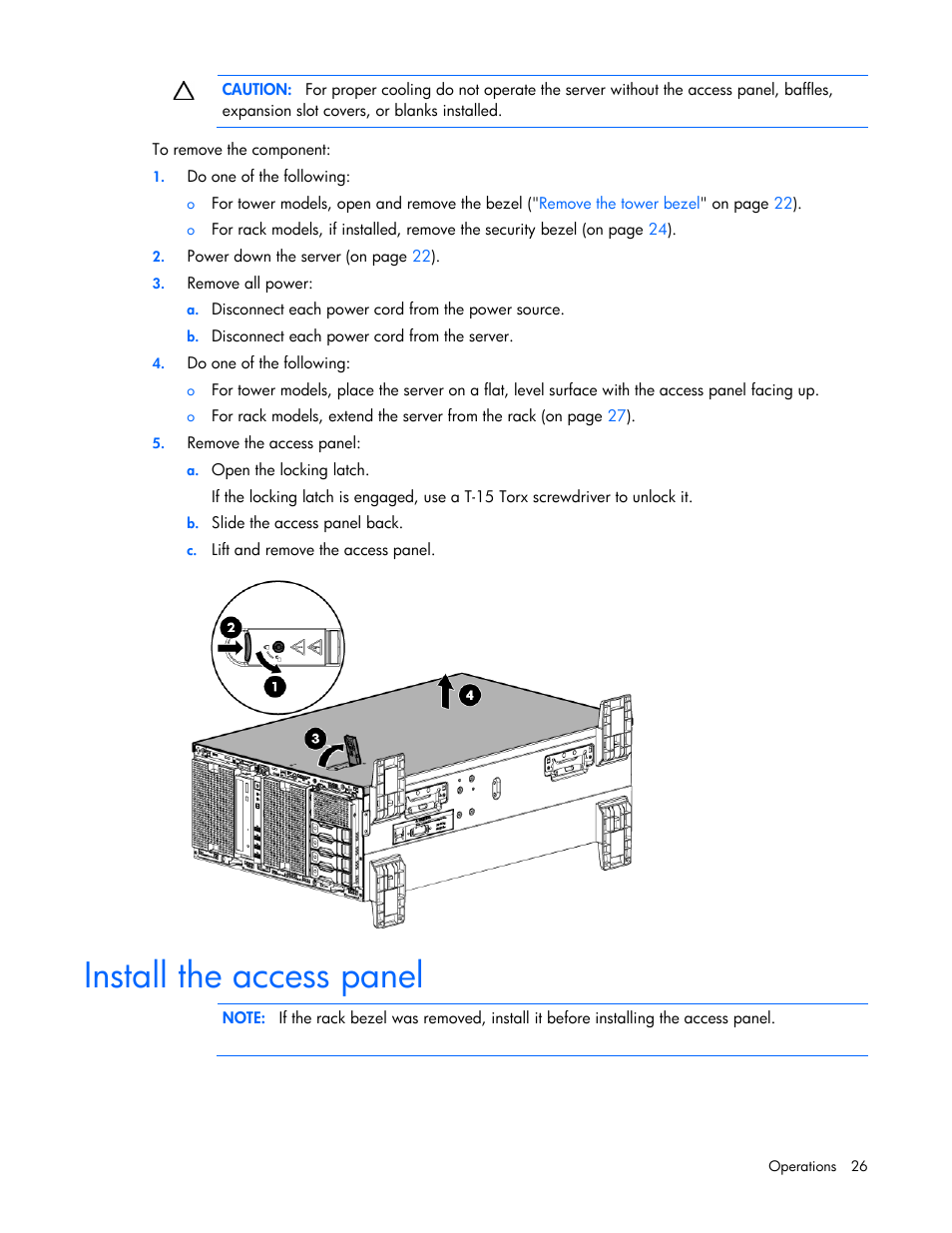 Install the access panel | HP ProLiant ML350e Gen8 Server User Manual | Page 26 / 147