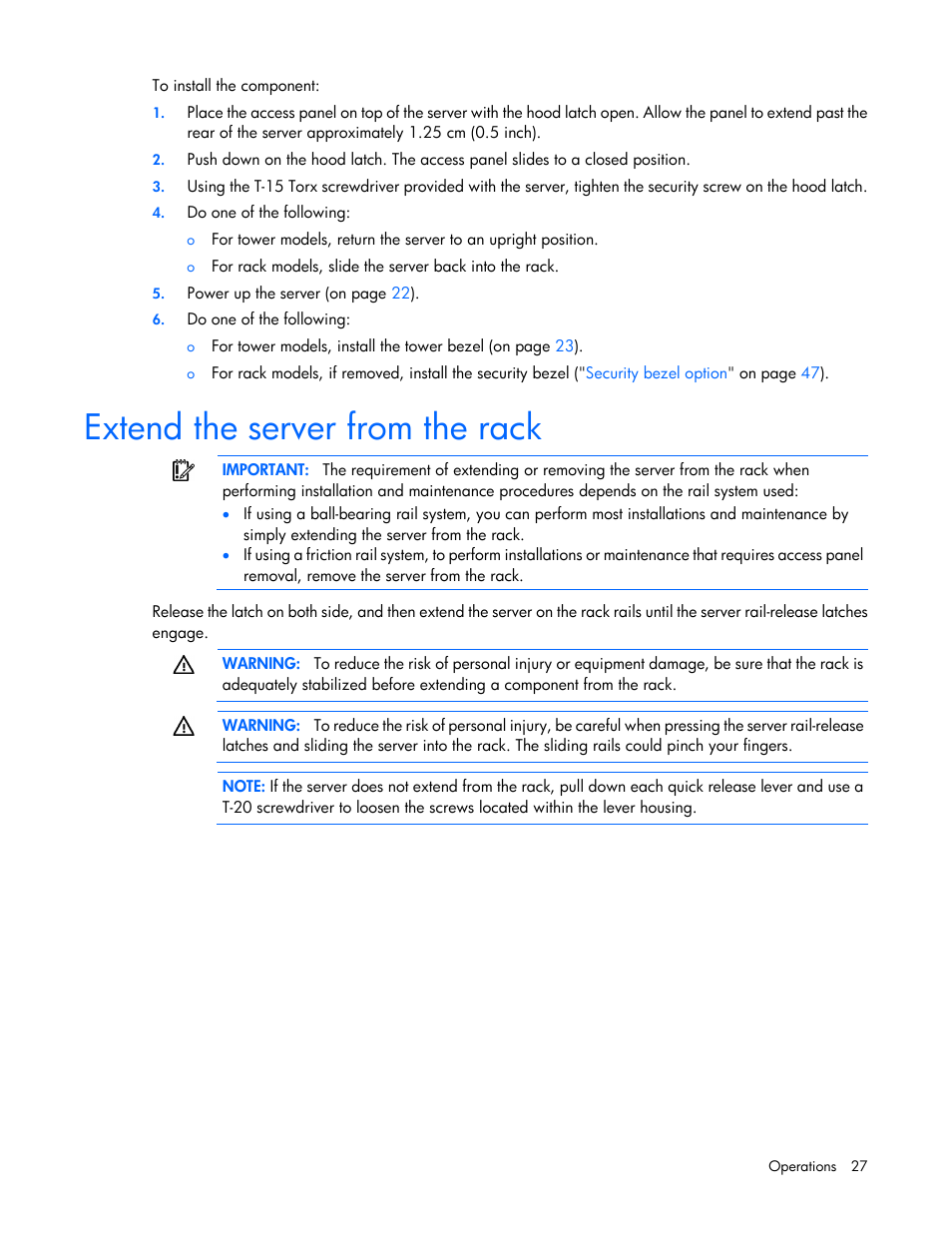 Extend the server from the rack | HP ProLiant ML350e Gen8 Server User Manual | Page 27 / 147