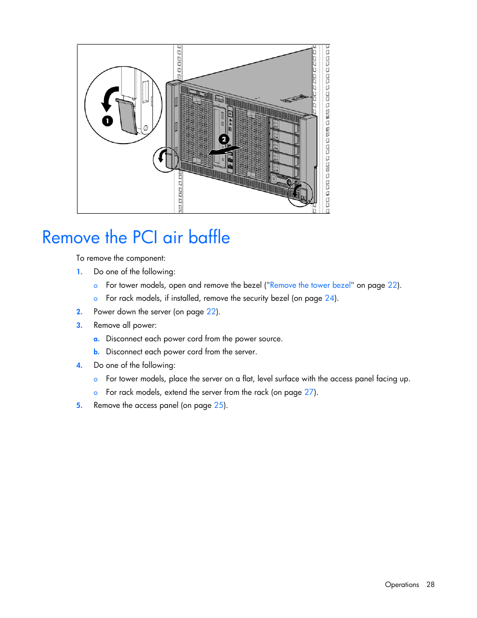 Remove the pci air baffle | HP ProLiant ML350e Gen8 Server User Manual | Page 28 / 147