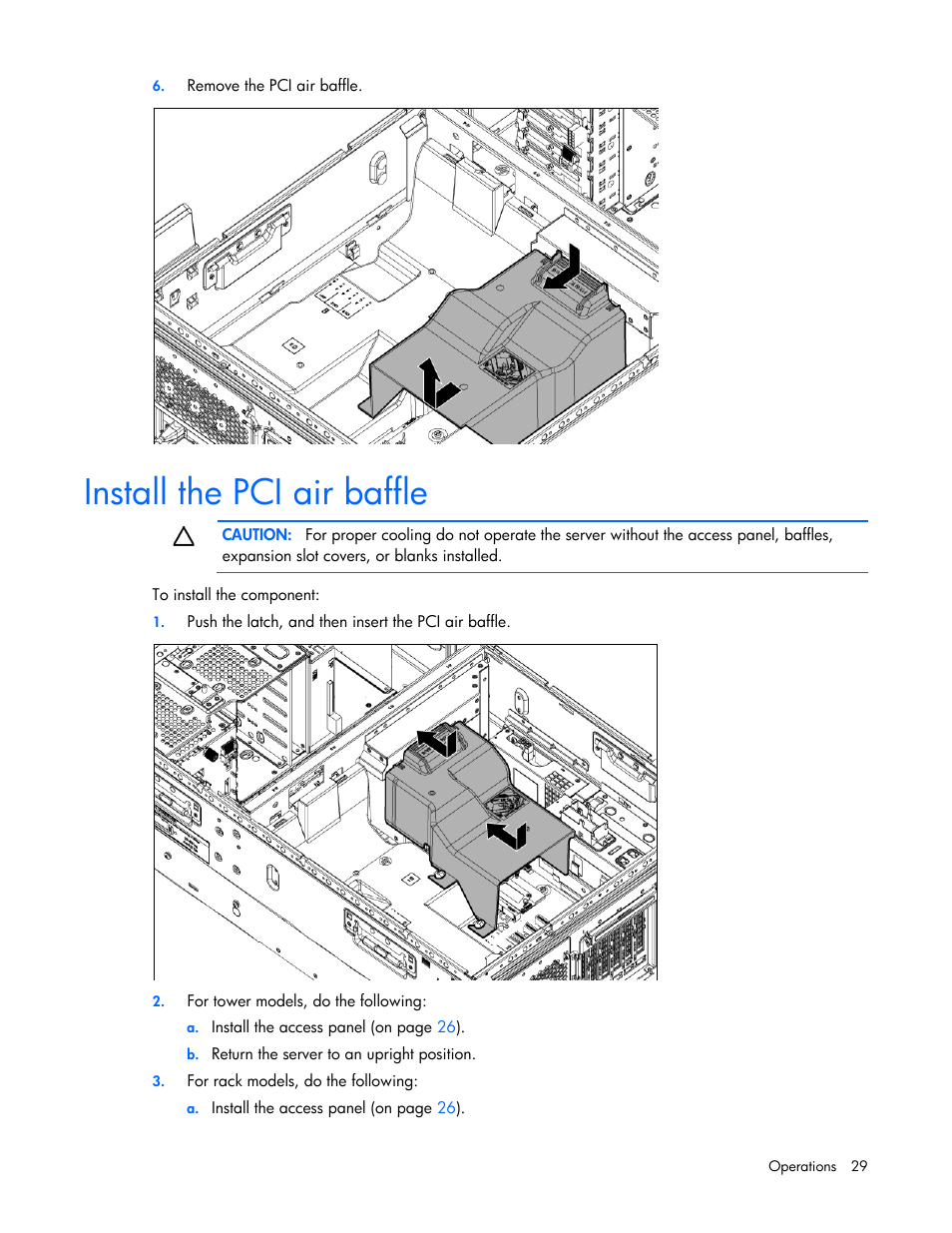 Install the pci air baffle | HP ProLiant ML350e Gen8 Server User Manual | Page 29 / 147
