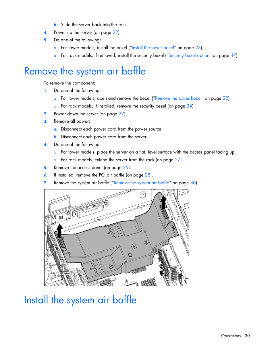 Remove the system air baffle, Install the system air baffle | HP ProLiant ML350e Gen8 Server User Manual | Page 30 / 147