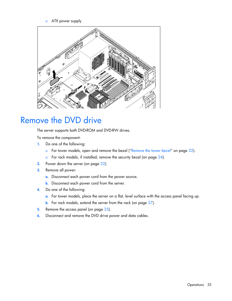 Remove the dvd drive | HP ProLiant ML350e Gen8 Server User Manual | Page 35 / 147