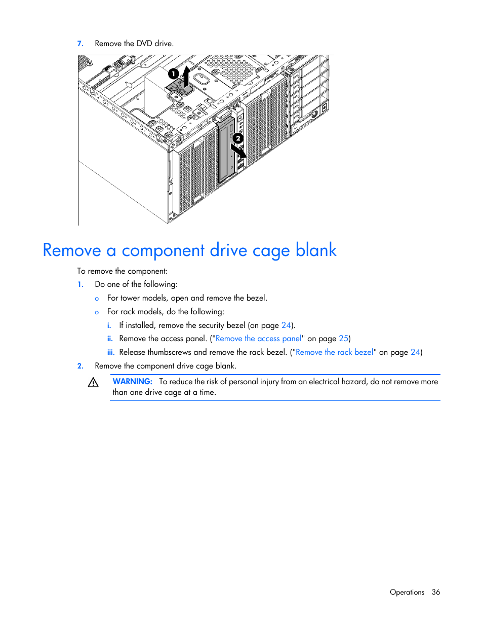 Remove a component drive cage blank | HP ProLiant ML350e Gen8 Server User Manual | Page 36 / 147