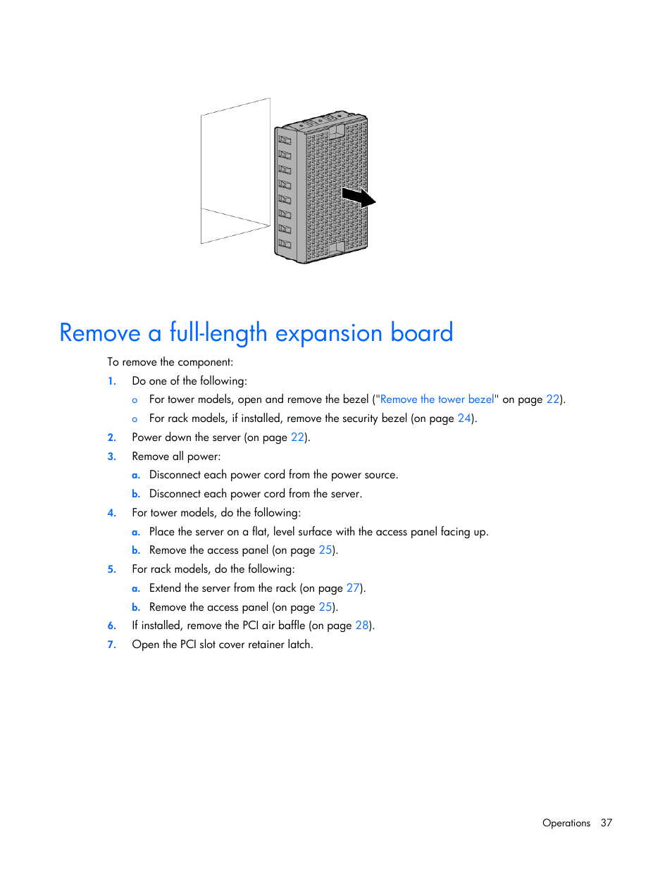 Remove a full-length expansion board | HP ProLiant ML350e Gen8 Server User Manual | Page 37 / 147