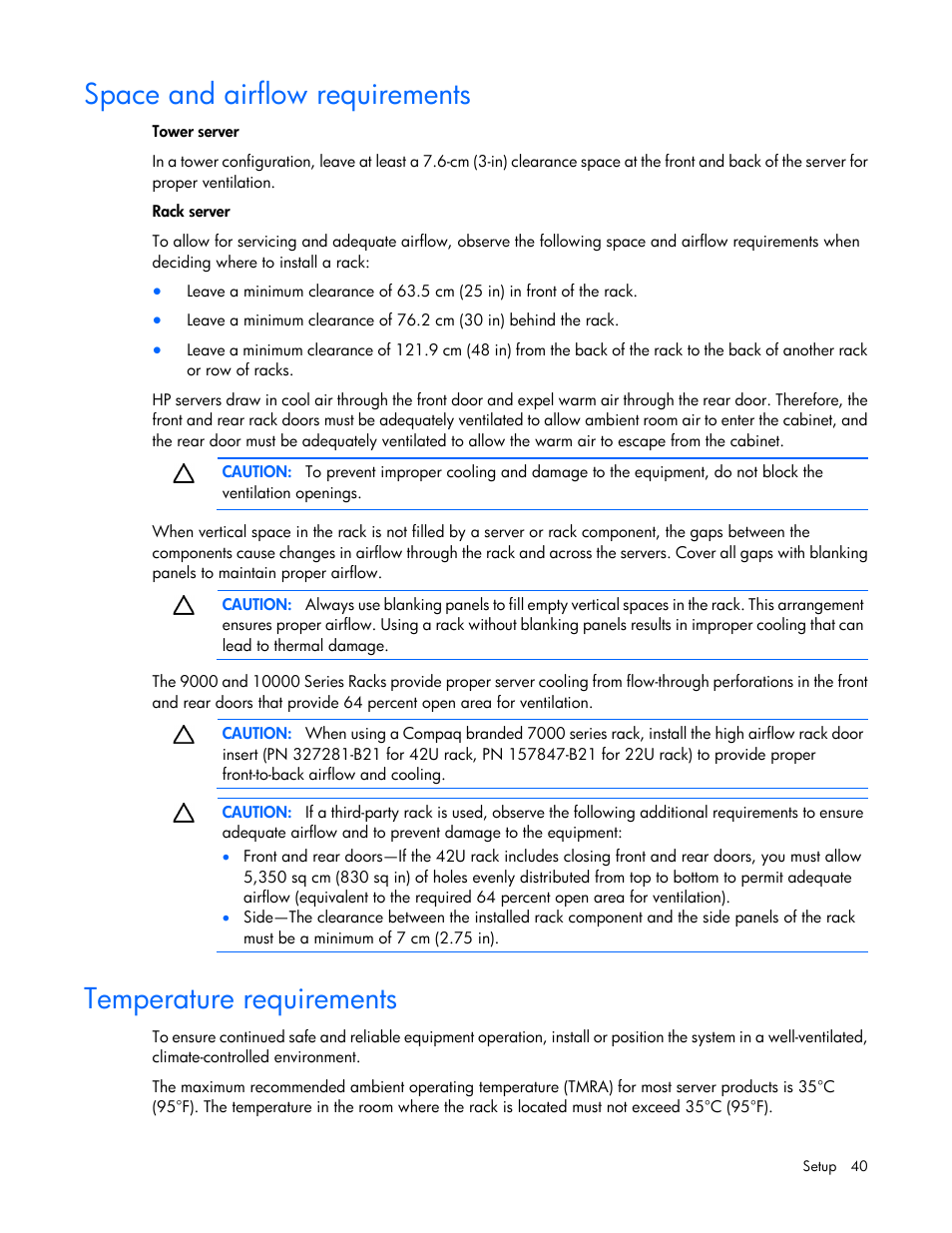 Space and airflow requirements, Temperature requirements | HP ProLiant ML350e Gen8 Server User Manual | Page 40 / 147