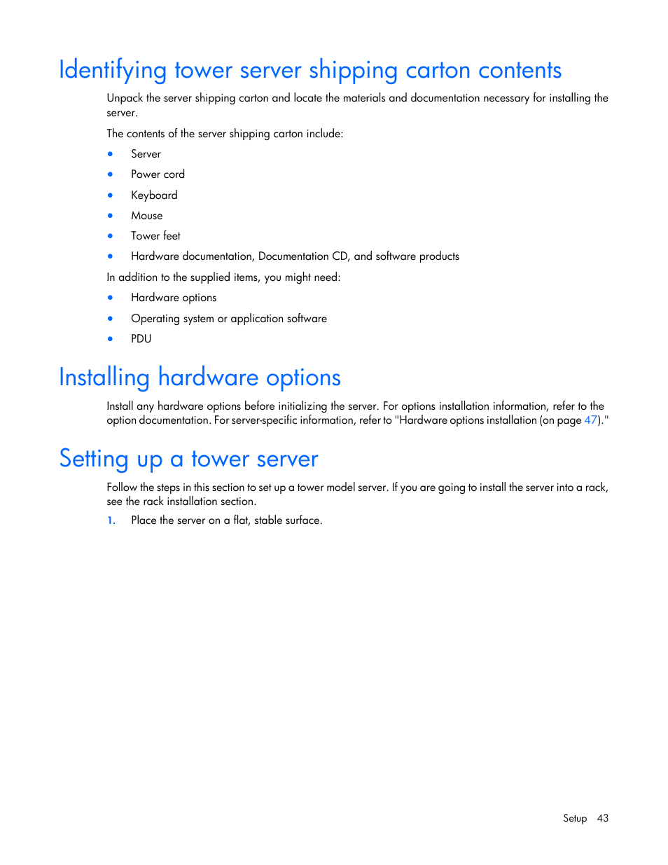 Identifying tower server shipping carton contents, Installing hardware options, Setting up a tower server | HP ProLiant ML350e Gen8 Server User Manual | Page 43 / 147