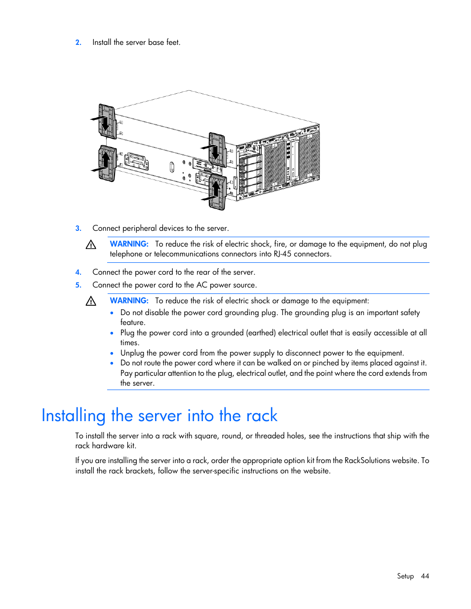 Installing the server into the rack | HP ProLiant ML350e Gen8 Server User Manual | Page 44 / 147