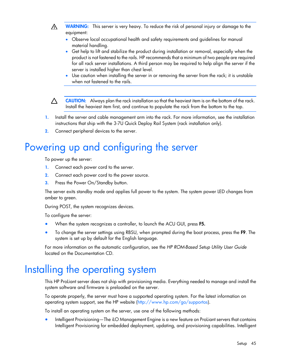 Powering up and configuring the server, Installing the operating system | HP ProLiant ML350e Gen8 Server User Manual | Page 45 / 147