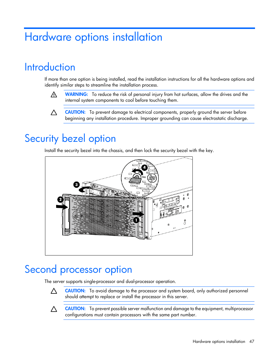 Hardware options installation, Introduction, Security bezel option | Second processor option | HP ProLiant ML350e Gen8 Server User Manual | Page 47 / 147