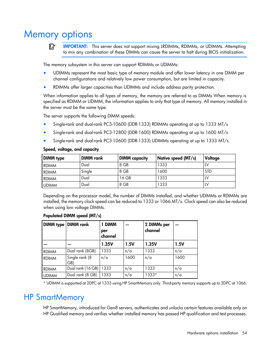 Memory options, Hp smartmemory | HP ProLiant ML350e Gen8 Server User Manual | Page 54 / 147