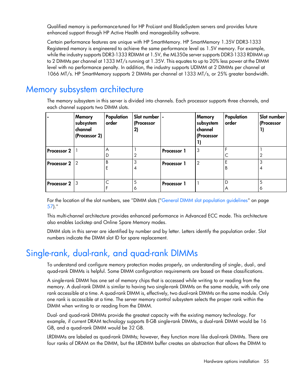 Memory subsystem architecture, Single-rank, dual-rank, and quad-rank dimms | HP ProLiant ML350e Gen8 Server User Manual | Page 55 / 147