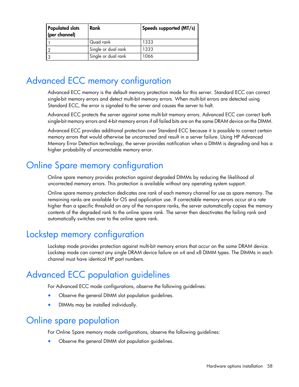 Advanced ecc memory configuration, Online spare memory configuration, Lockstep memory configuration | Advanced ecc population guidelines, Online spare population | HP ProLiant ML350e Gen8 Server User Manual | Page 58 / 147