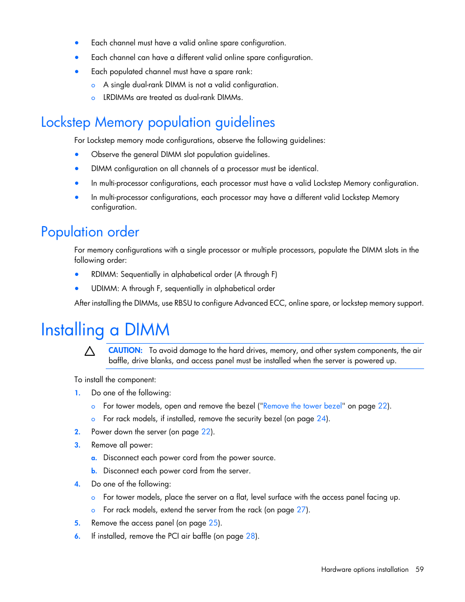 Lockstep memory population guidelines, Population order, Installing a dimm | HP ProLiant ML350e Gen8 Server User Manual | Page 59 / 147