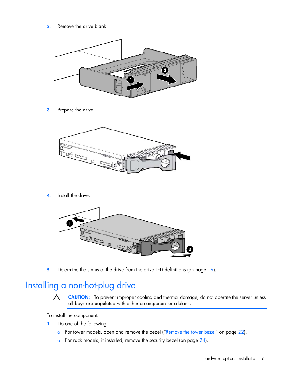 Installing a non-hot-plug drive | HP ProLiant ML350e Gen8 Server User Manual | Page 61 / 147