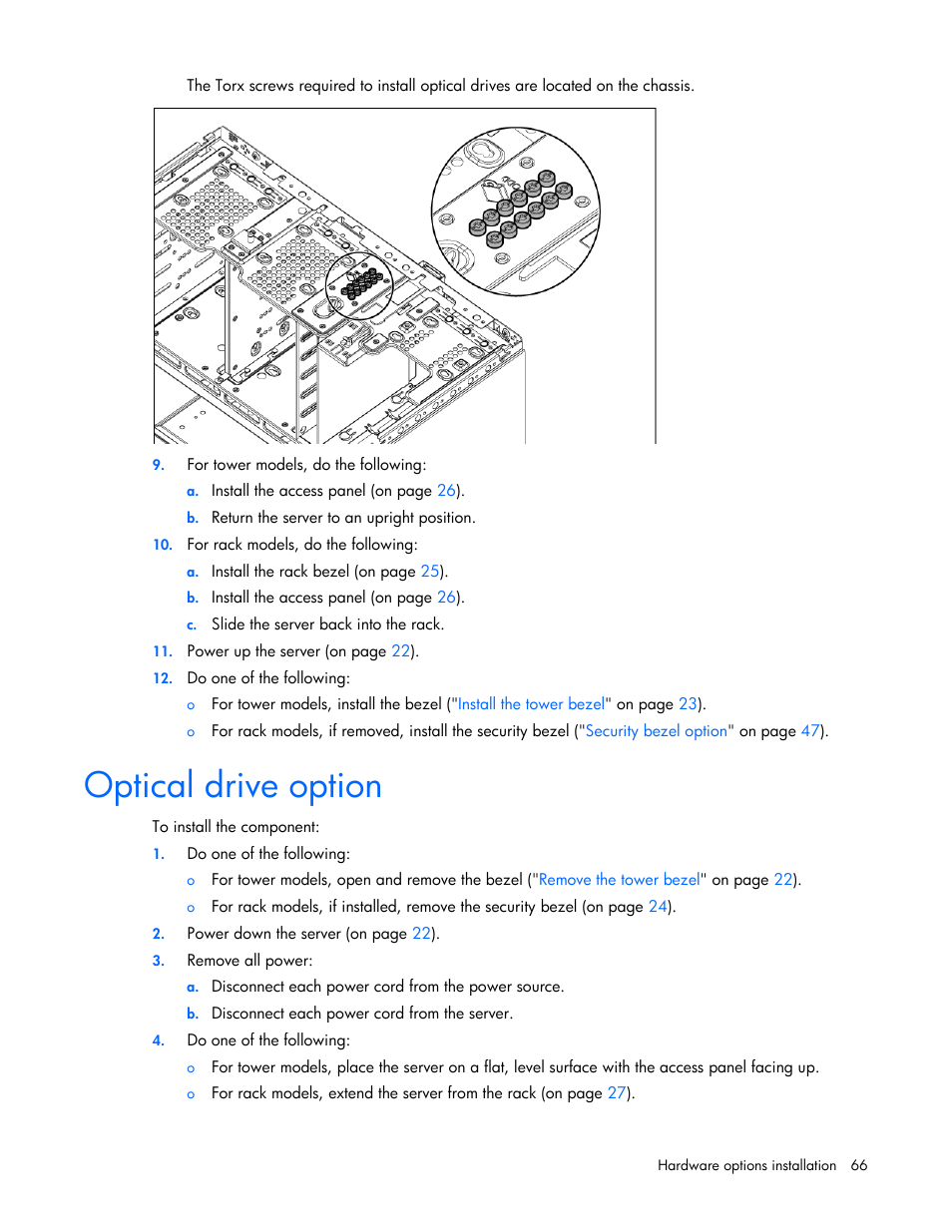 Optical drive option | HP ProLiant ML350e Gen8 Server User Manual | Page 66 / 147