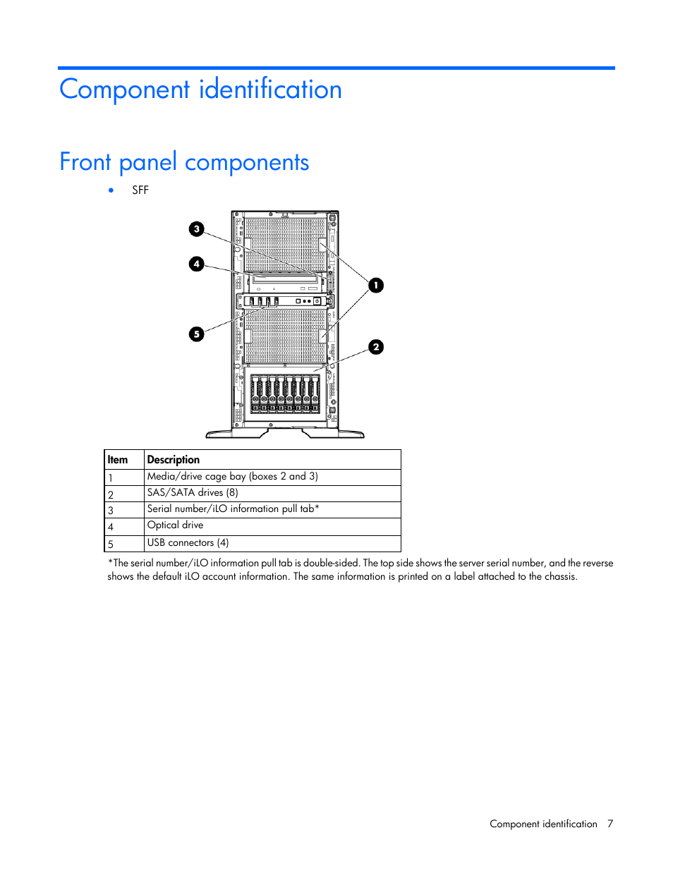 Component identification, Front panel components | HP ProLiant ML350e Gen8 Server User Manual | Page 7 / 147