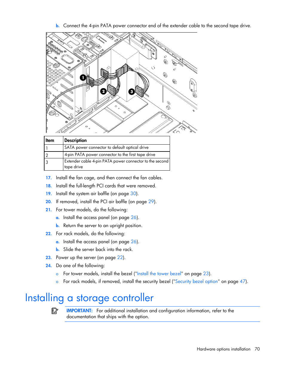 Installing a storage controller | HP ProLiant ML350e Gen8 Server User Manual | Page 70 / 147