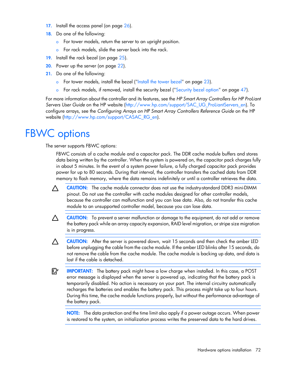Fbwc options | HP ProLiant ML350e Gen8 Server User Manual | Page 72 / 147
