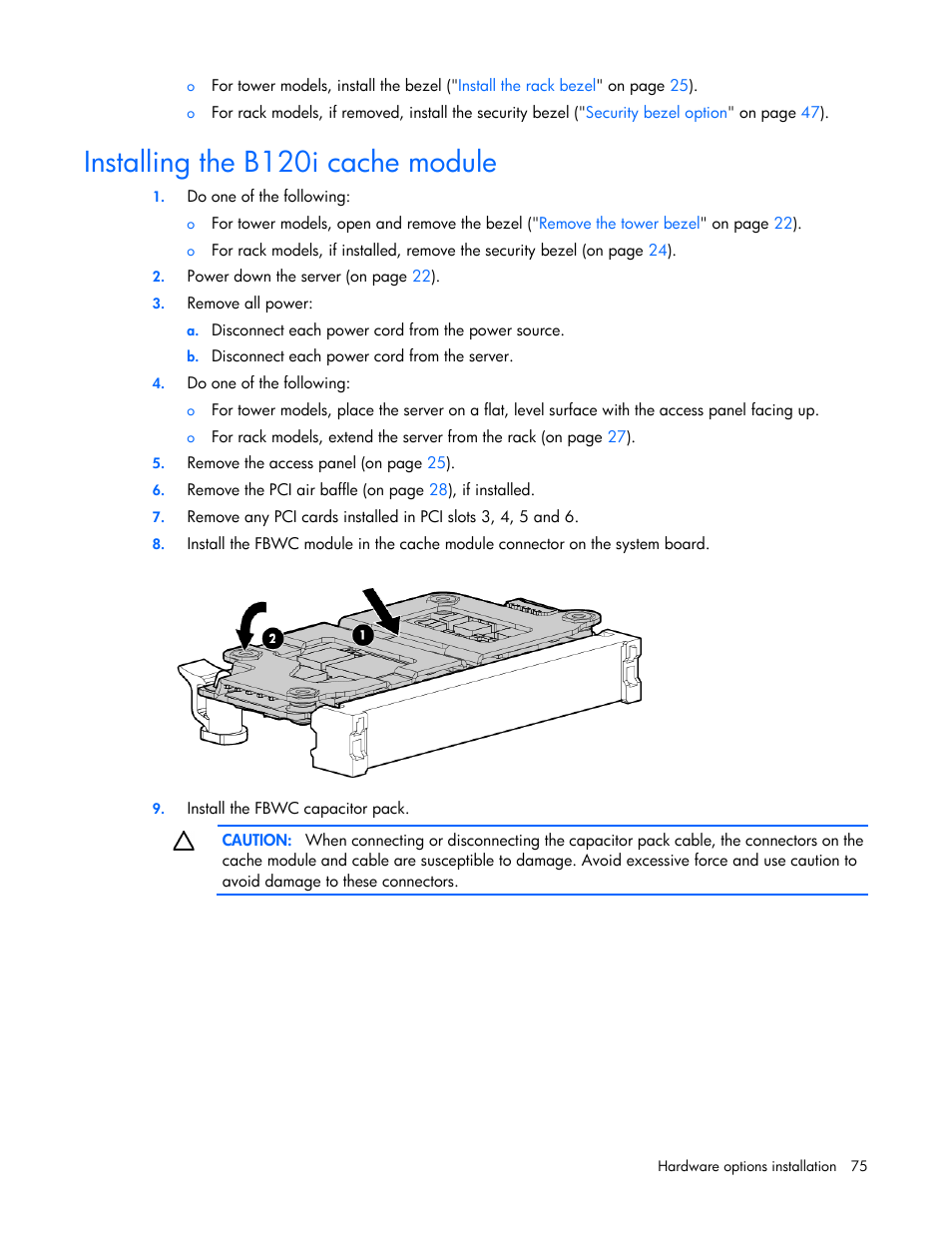 Installing the b120i cache module | HP ProLiant ML350e Gen8 Server User Manual | Page 75 / 147