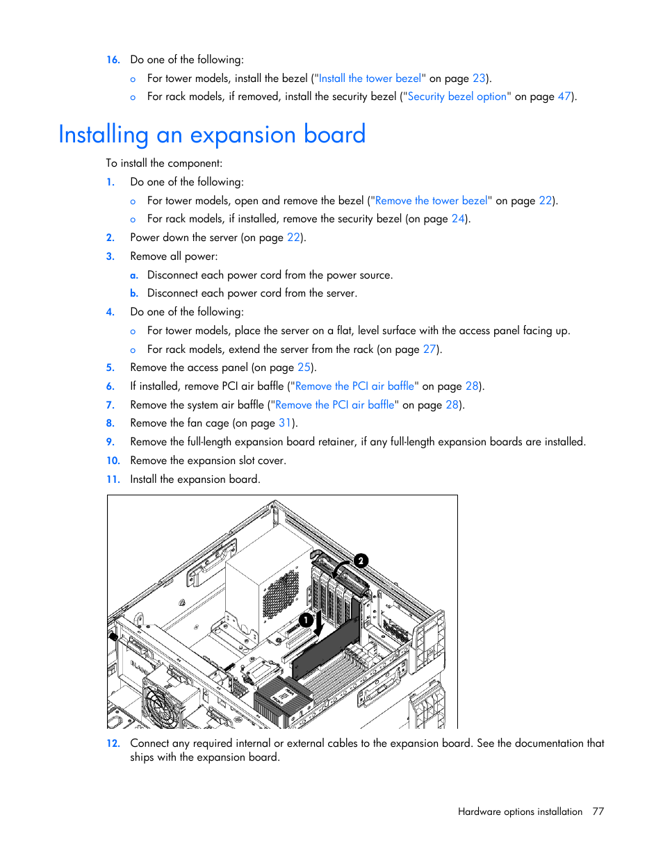Installing an expansion board | HP ProLiant ML350e Gen8 Server User Manual | Page 77 / 147