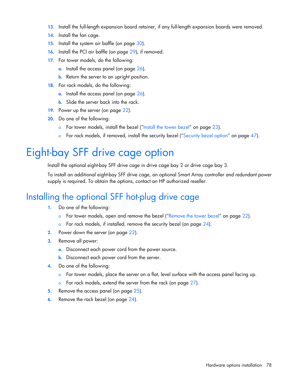 Eight-bay sff drive cage option, Installing the optional sff hot-plug drive cage | HP ProLiant ML350e Gen8 Server User Manual | Page 78 / 147