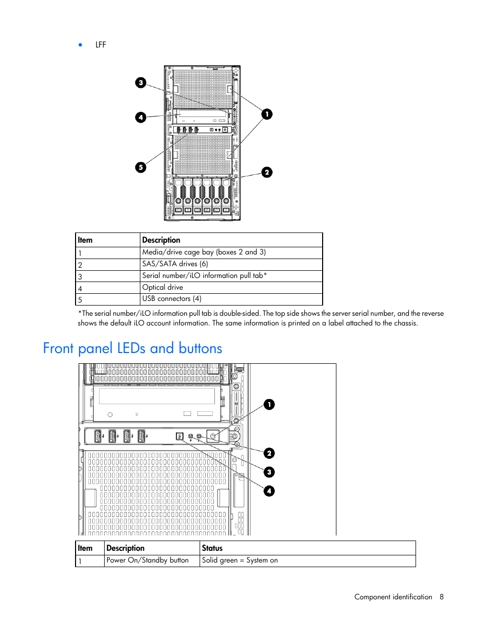 Front panel leds and buttons | HP ProLiant ML350e Gen8 Server User Manual | Page 8 / 147