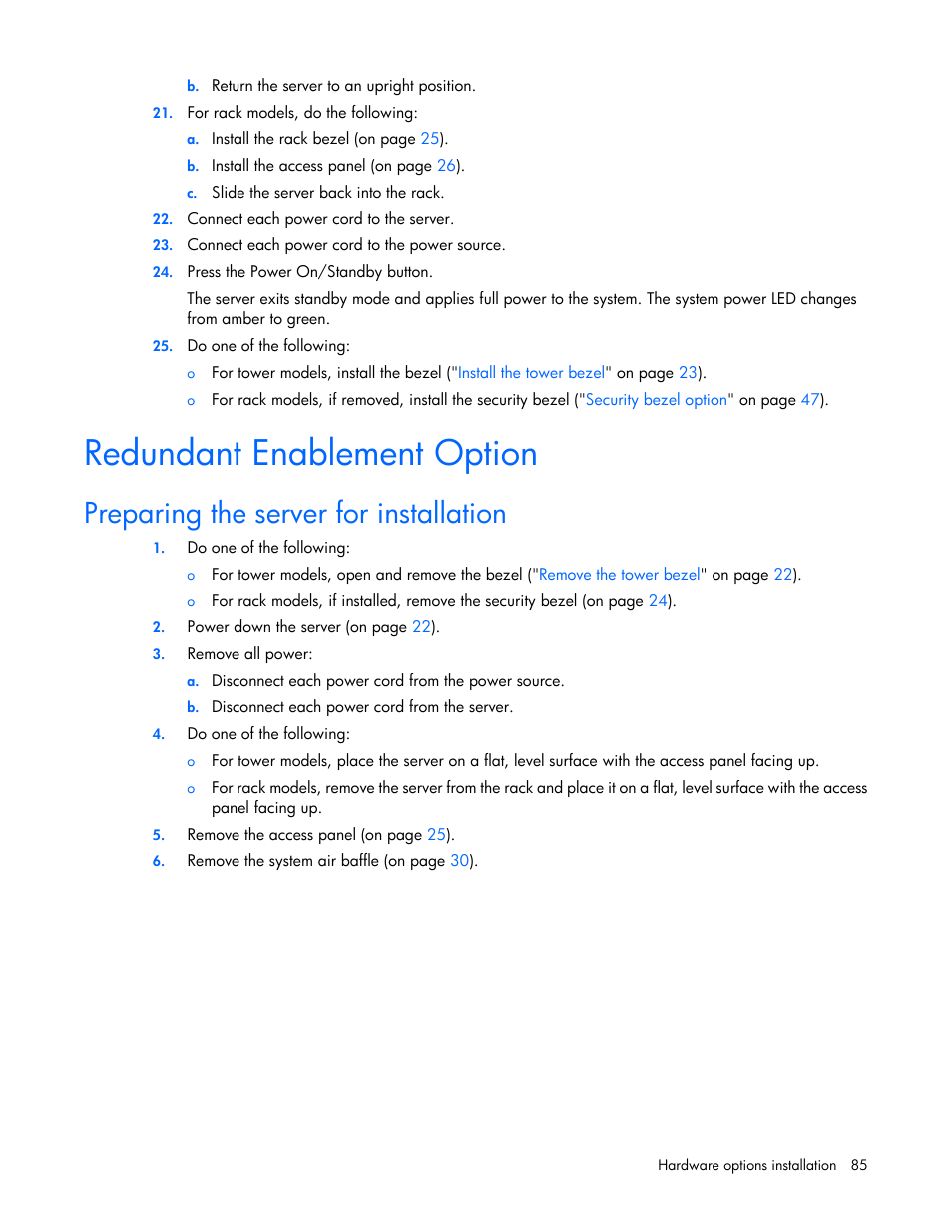 Redundant enablement option, Preparing the server for installation | HP ProLiant ML350e Gen8 Server User Manual | Page 85 / 147