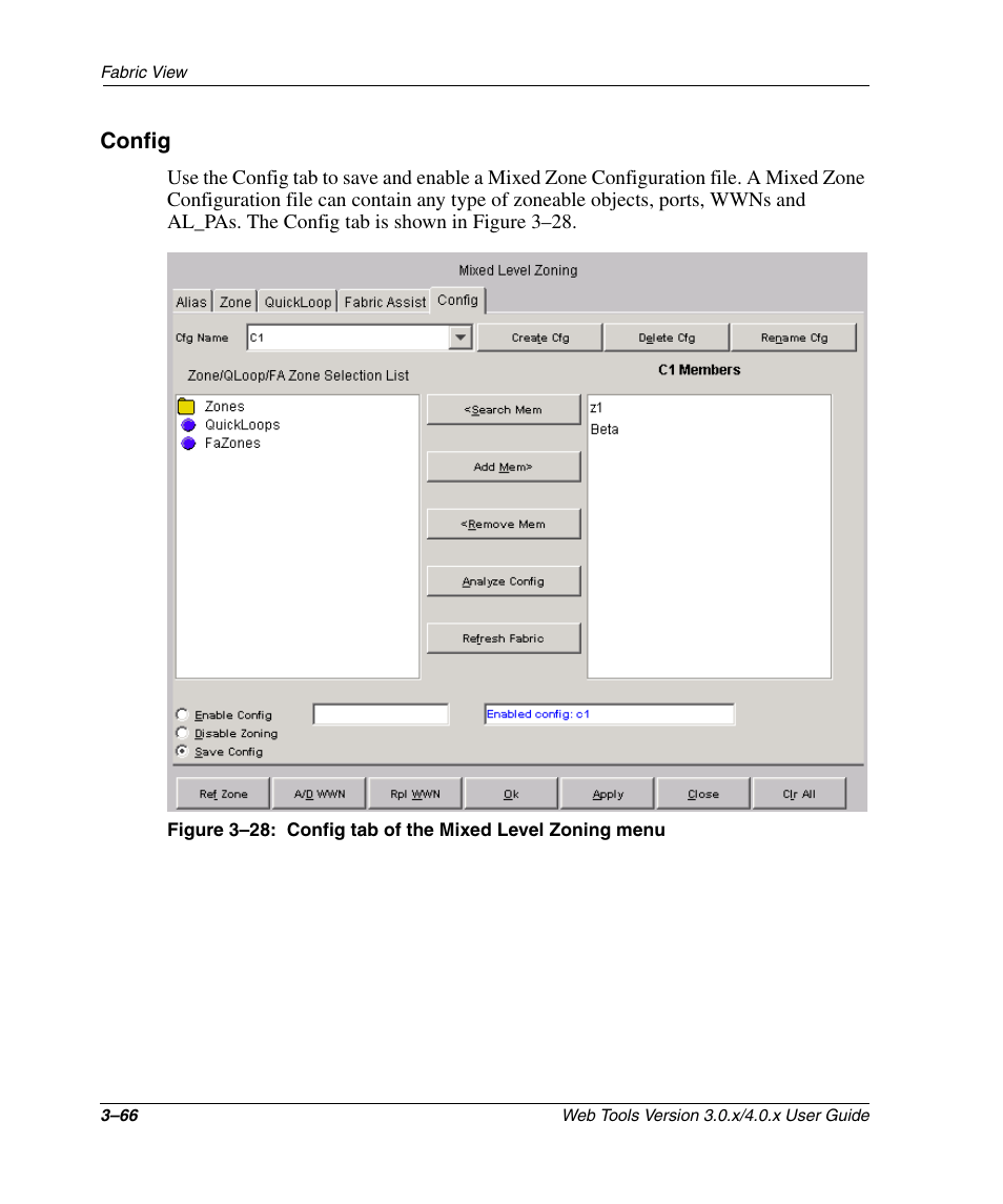 Config, Config –66, Config tab of the mixed level zoning menu –66 | HP StorageWorks 2.32 SAN Switch User Manual | Page 102 / 348