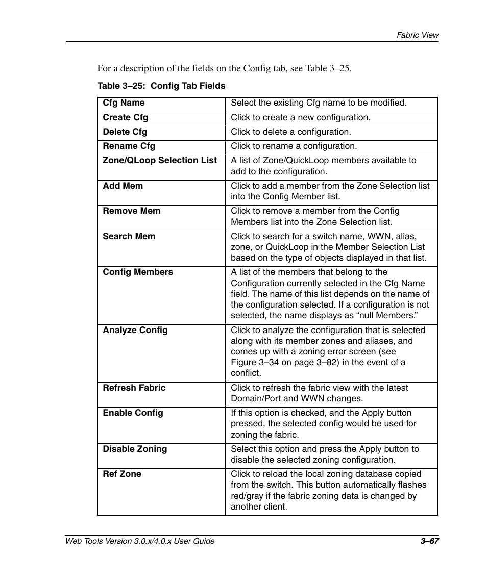 Table 3-25: config tab fields, Config tab fields –67, E “config tab fields” on | HP StorageWorks 2.32 SAN Switch User Manual | Page 103 / 348