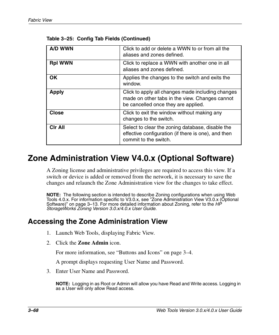 Accessing the zone administration view, Accessing the zone administration view –68 | HP StorageWorks 2.32 SAN Switch User Manual | Page 104 / 348