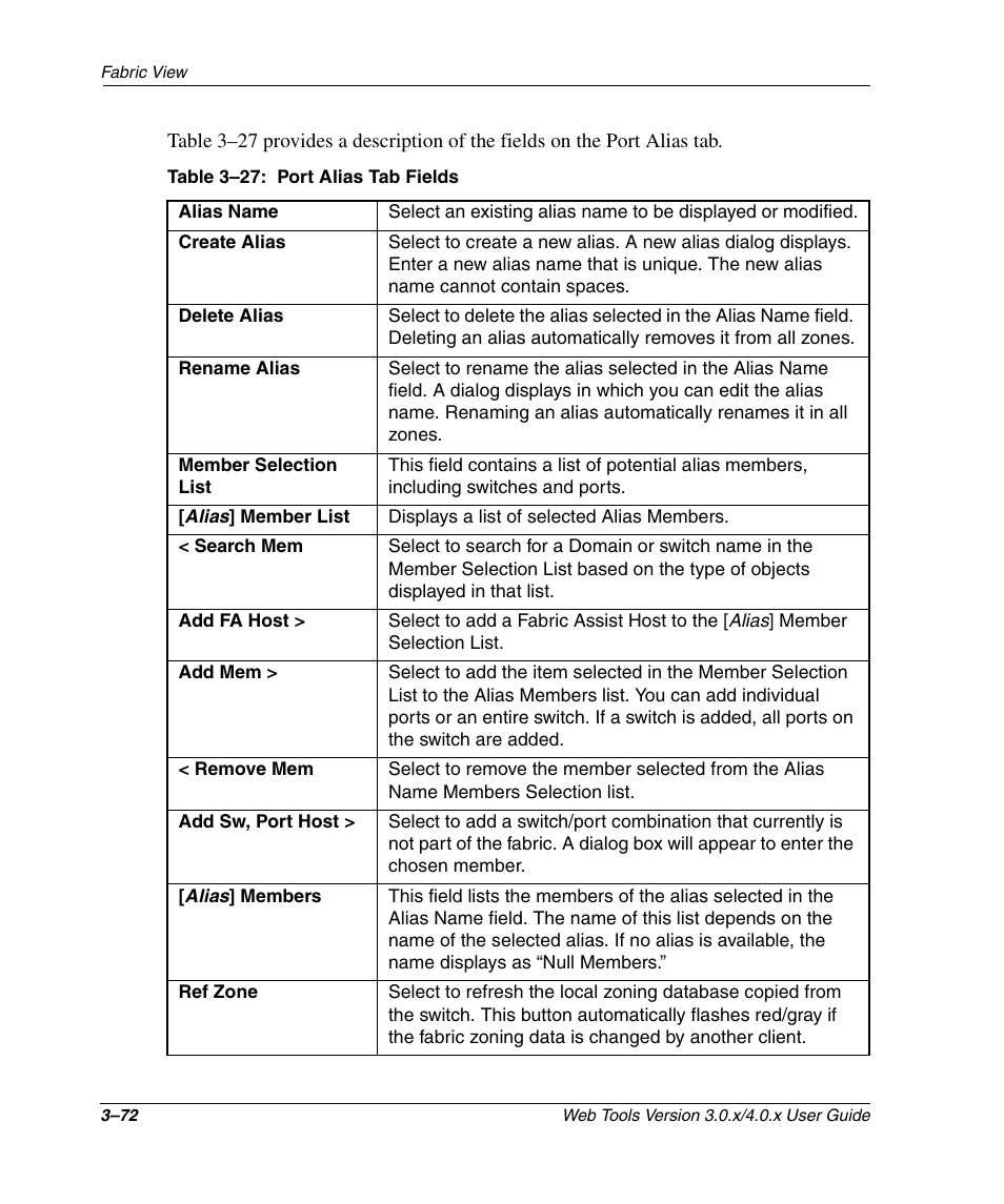 Table 3-27: port alias tab fields (continued), Port alias tab fields –72 | HP StorageWorks 2.32 SAN Switch User Manual | Page 108 / 348