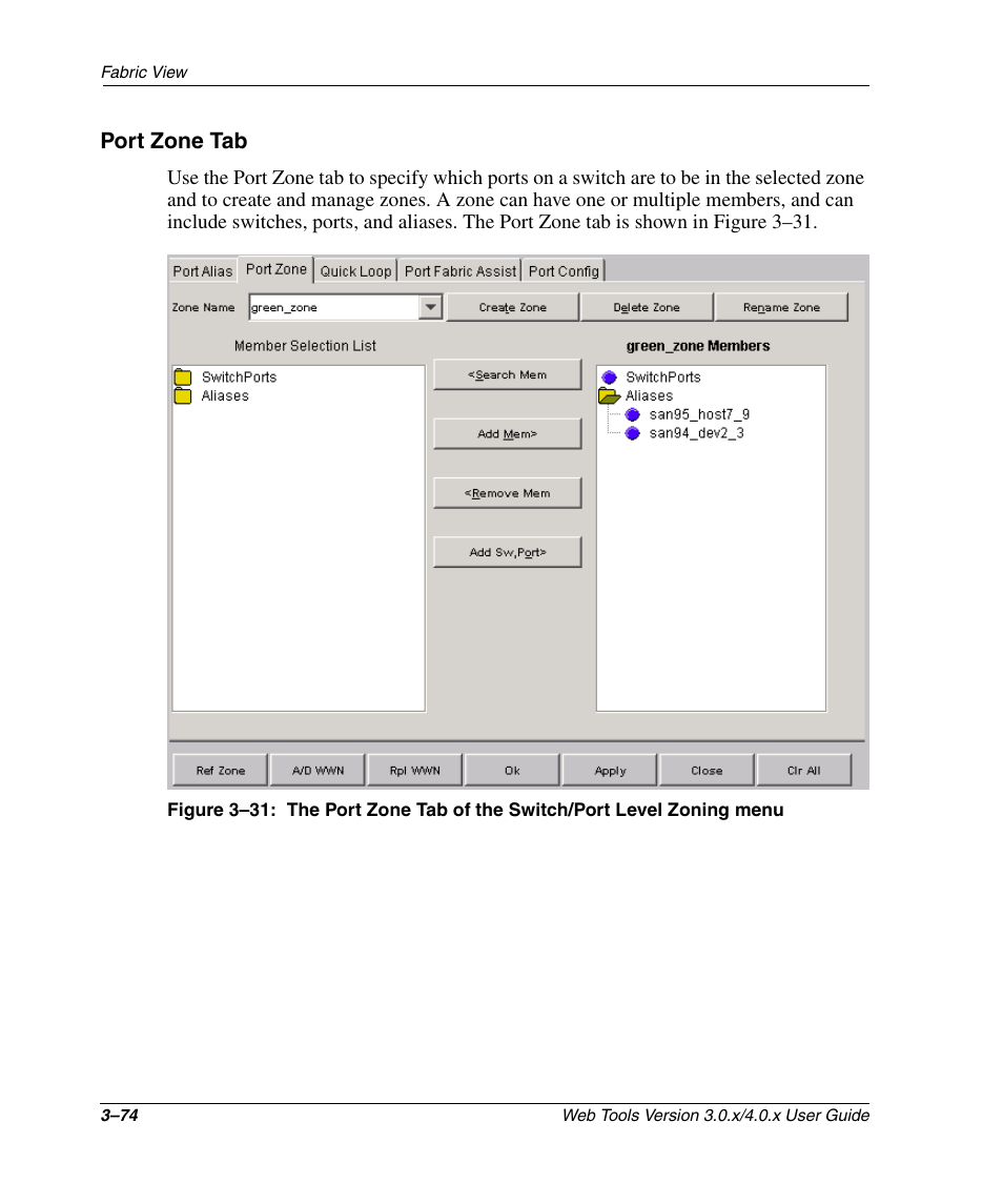 Port zone tab, Port zone tab –74 | HP StorageWorks 2.32 SAN Switch User Manual | Page 110 / 348