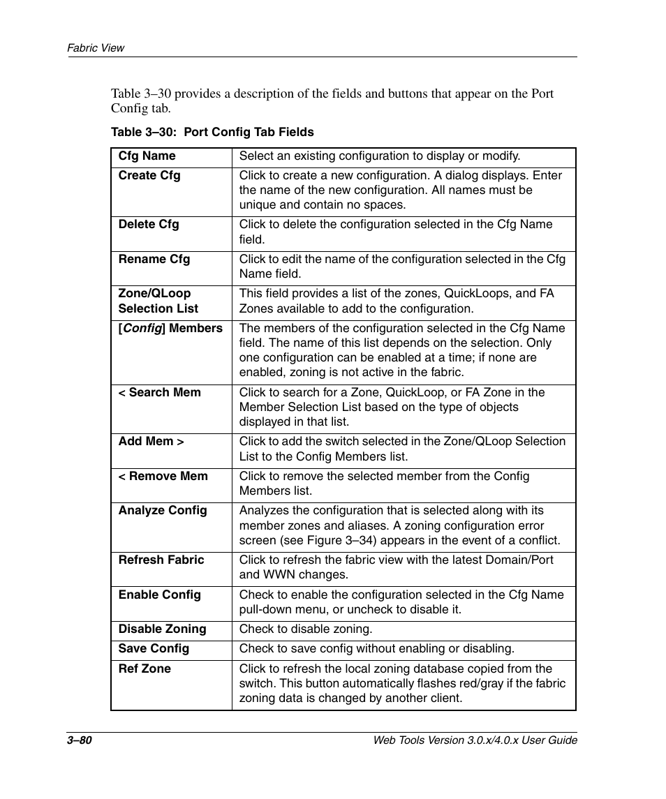 Table 3-30: port config tab fields, Port config tab fields –80 | HP StorageWorks 2.32 SAN Switch User Manual | Page 116 / 348