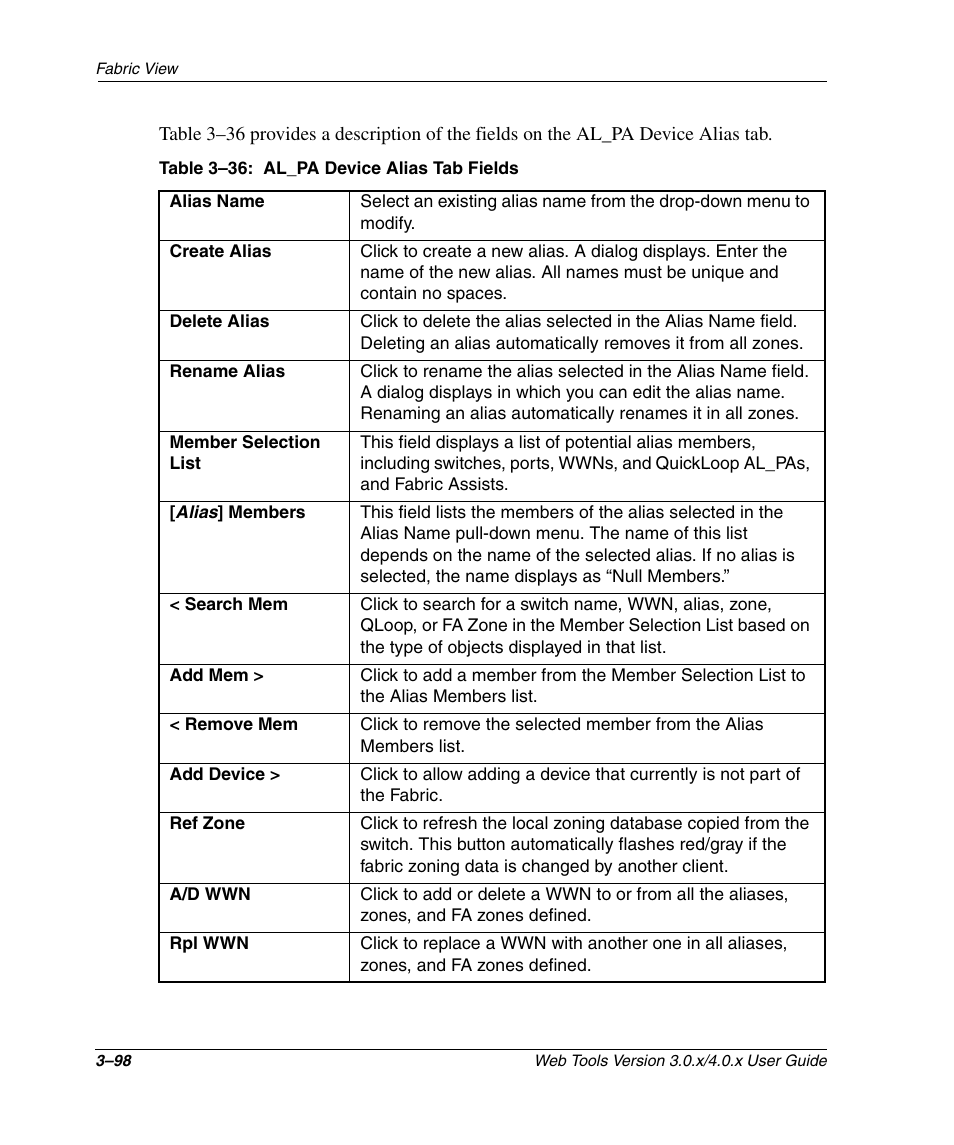 Al_pa device alias tab fields –98 | HP StorageWorks 2.32 SAN Switch User Manual | Page 134 / 348