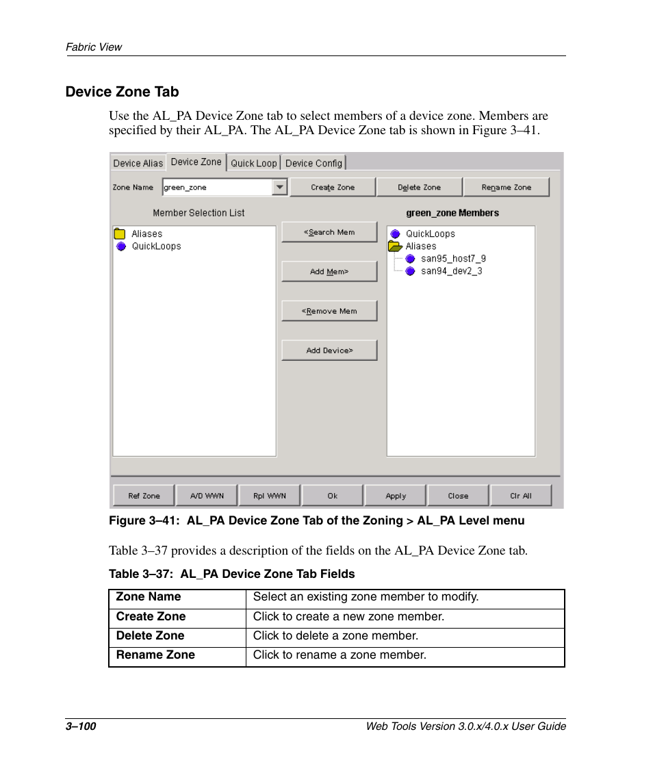 Device zone tab, Device zone tab –100, Al_pa device zone tab fields –100 | HP StorageWorks 2.32 SAN Switch User Manual | Page 136 / 348