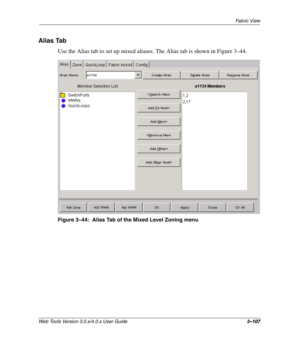 Alias tab, Alias tab –107, Alias tab of the mixed level zoning menu –107 | HP StorageWorks 2.32 SAN Switch User Manual | Page 143 / 348