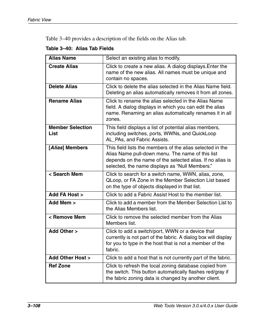 Table 3-40: alias tab fields (continued), Alias tab fields –108 | HP StorageWorks 2.32 SAN Switch User Manual | Page 144 / 348