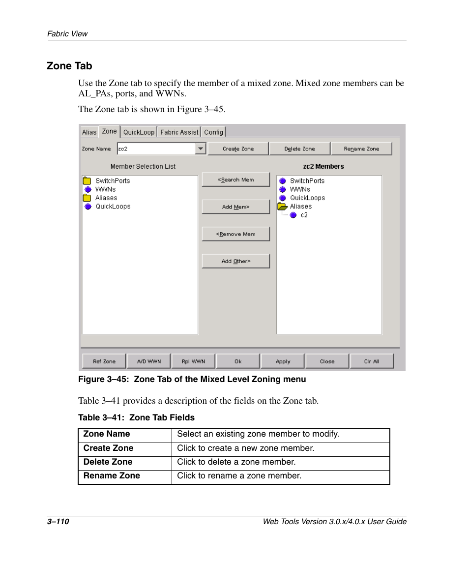 Zone tab, Table 3-41: zone tab fields (continued), Zone tab –110 | Zone tab of the mixed level zoning menu –110, Zone tab fields –110 | HP StorageWorks 2.32 SAN Switch User Manual | Page 146 / 348