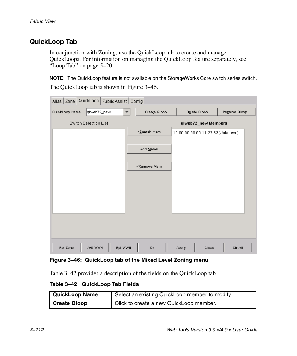 Quickloop tab, Table 3-42: quickloop tab fields (continued), Quickloop tab –112 | Quickloop tab of the mixed level zoning menu –112, Quickloop tab fields –112 | HP StorageWorks 2.32 SAN Switch User Manual | Page 148 / 348