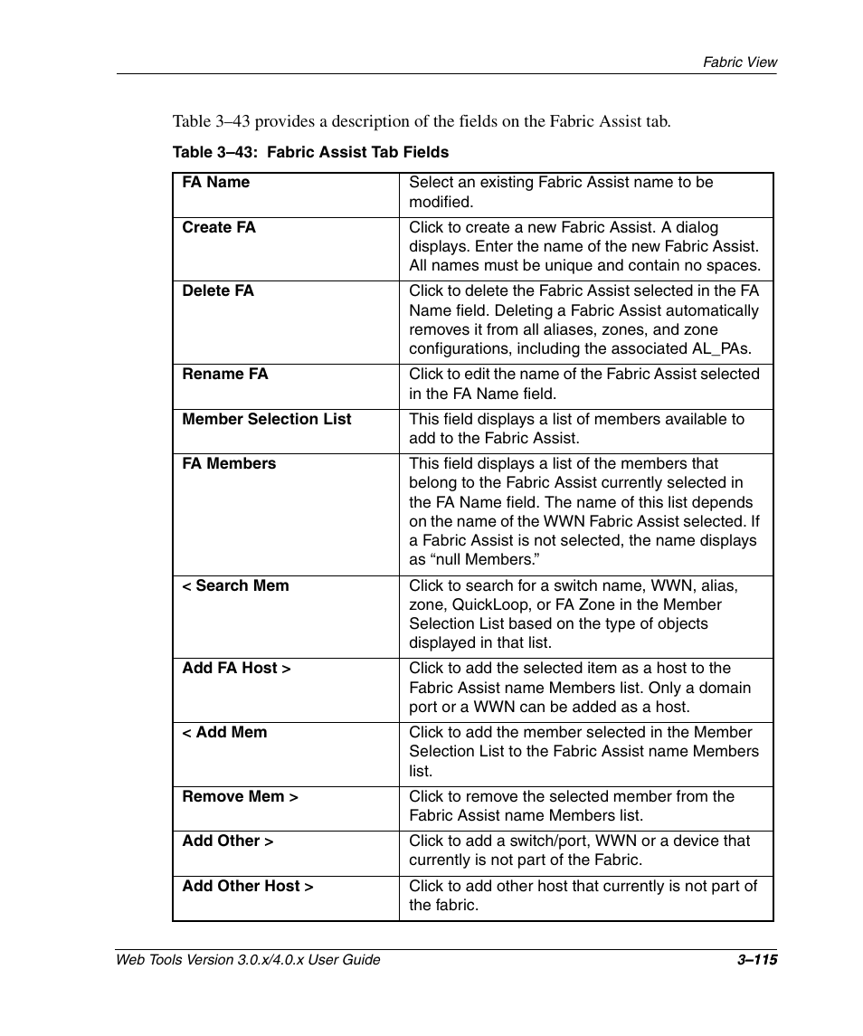 Table 3-43: fabric assist tab fields (continued), Fabric assist tab fields –115 | HP StorageWorks 2.32 SAN Switch User Manual | Page 151 / 348