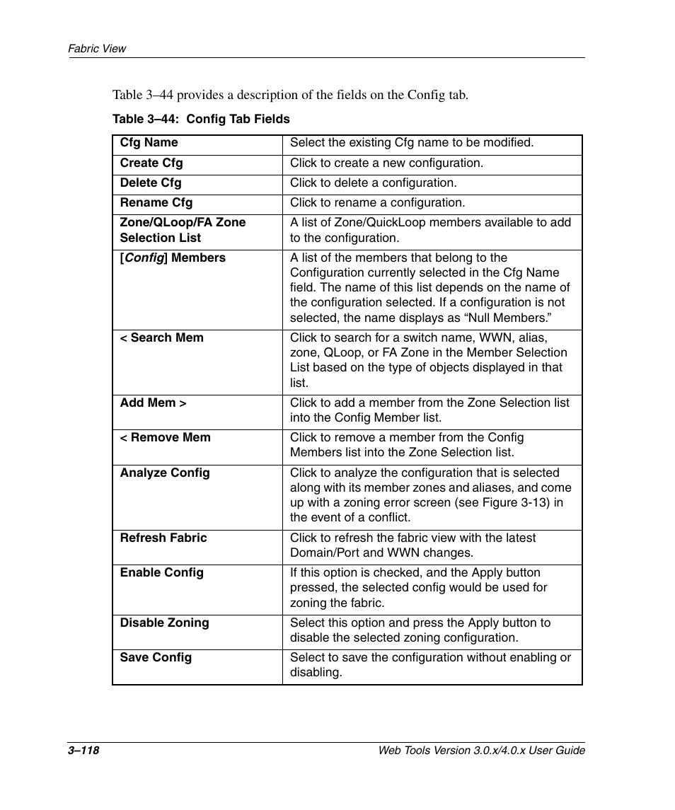 Table 3-44: config tab fields (continued), Config tab fields –118 | HP StorageWorks 2.32 SAN Switch User Manual | Page 154 / 348