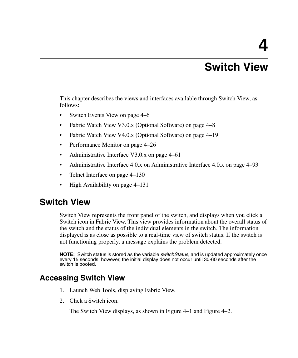 Switch view, Accessing switch view, Switch view –1 | Accessing switch view –1 | HP StorageWorks 2.32 SAN Switch User Manual | Page 157 / 348