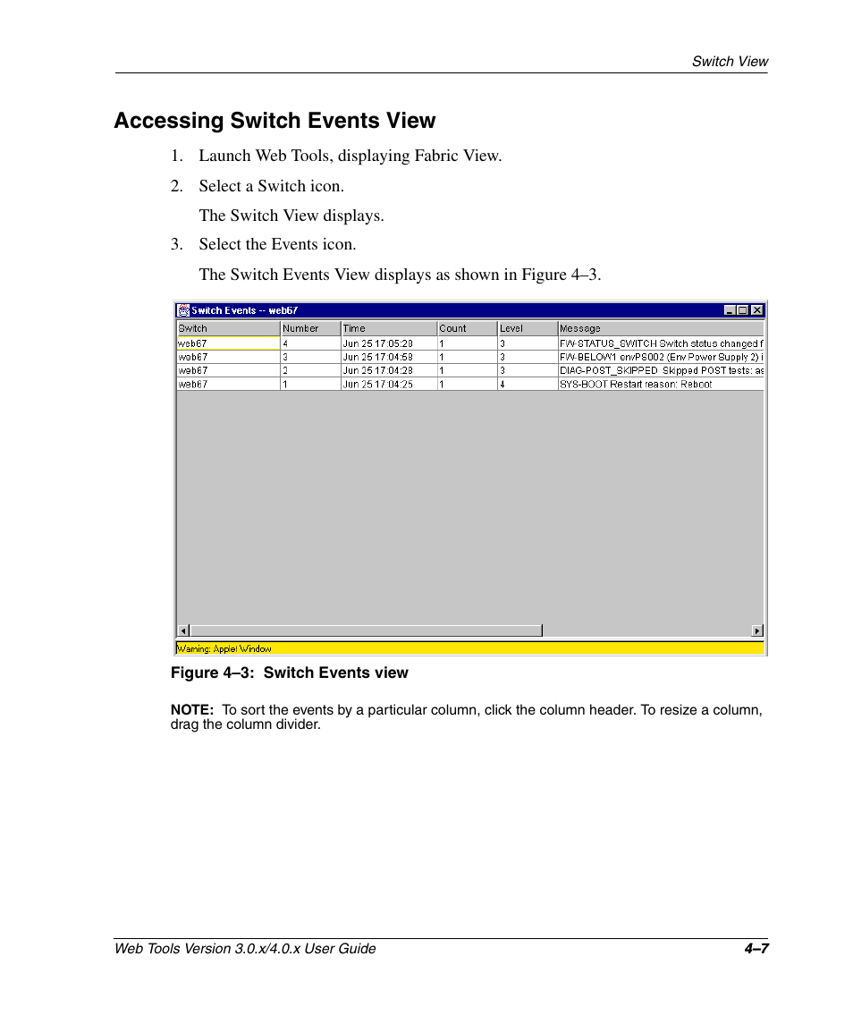 Accessing switch events view, Figure 4-3: switch events view, Accessing switch events view –7 | Switch events view –7 | HP StorageWorks 2.32 SAN Switch User Manual | Page 163 / 348