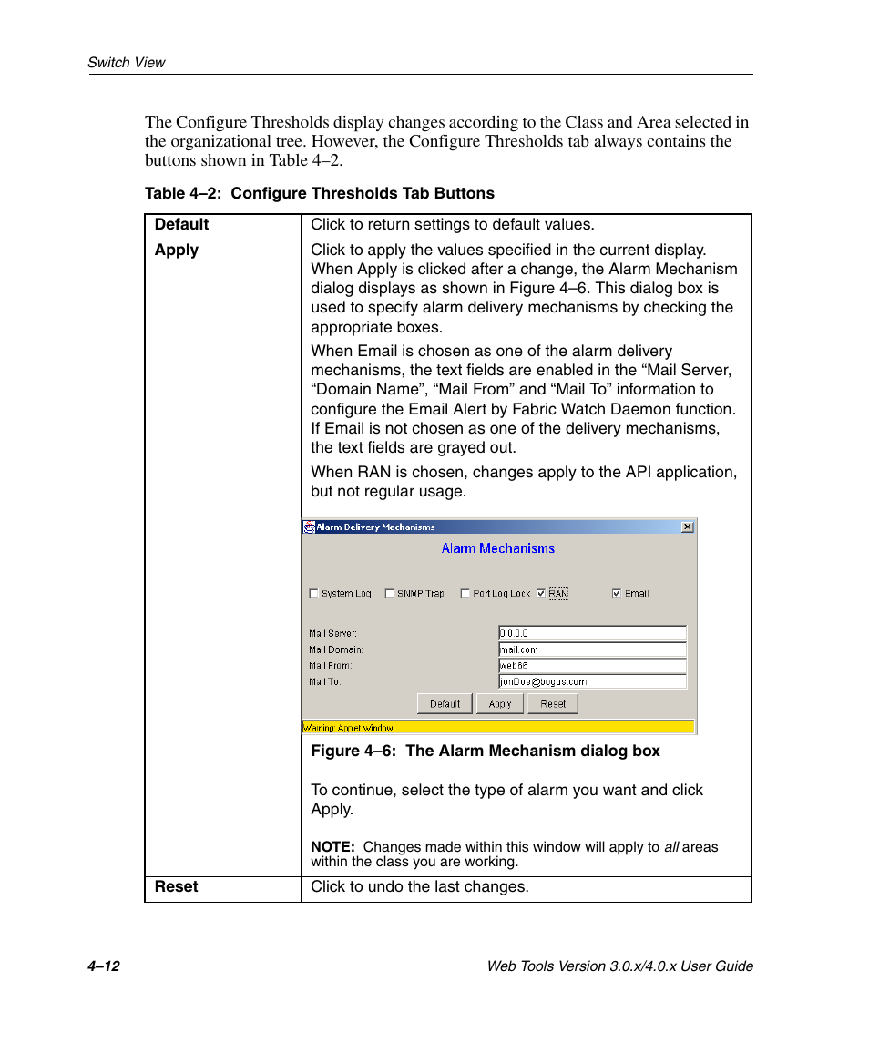 Table 4-2: configure thresholds tab buttons, Figure 4-6: the alarm mechanism dialog box, The alarm mechanism dialog box –12 | Configure thresholds tab buttons –12 | HP StorageWorks 2.32 SAN Switch User Manual | Page 168 / 348