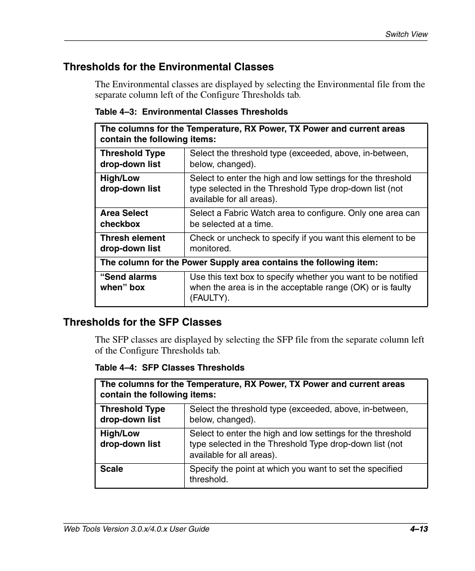 Thresholds for the environmental classes, Table 4-3: environmental classes thresholds, Thresholds for the sfp classes | Table 4-4: sfp classes thresholds (continued), Environmental classes thresholds –13, Sfp classes thresholds –13 | HP StorageWorks 2.32 SAN Switch User Manual | Page 169 / 348