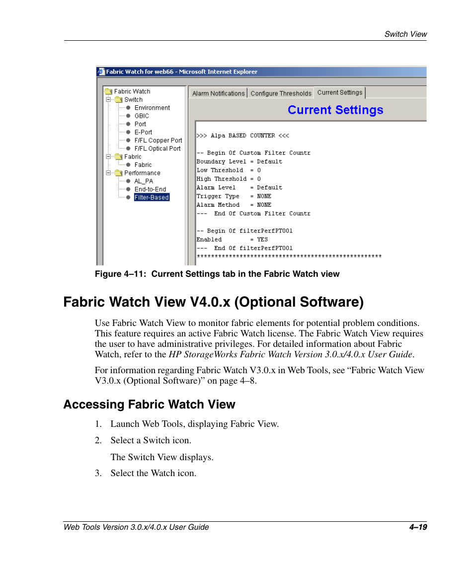 Fabric watch view v4.0.x (optional software), Accessing fabric watch view, Fabric watch view v4.0.x (optional software) –19 | Accessing fabric watch view –19, Current settings tab in the fabric watch view –19 | HP StorageWorks 2.32 SAN Switch User Manual | Page 175 / 348