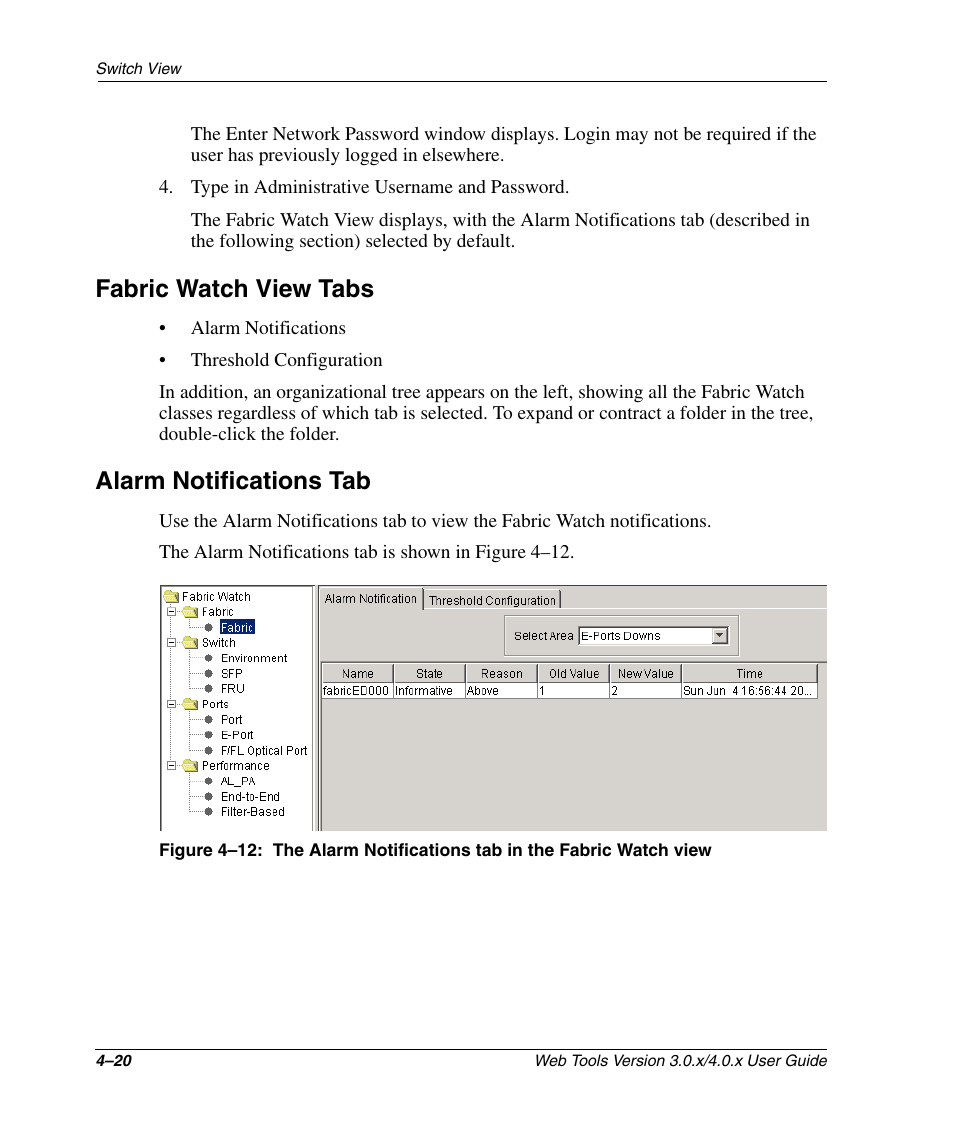 Fabric watch view tabs, Alarm notifications tab | HP StorageWorks 2.32 SAN Switch User Manual | Page 176 / 348
